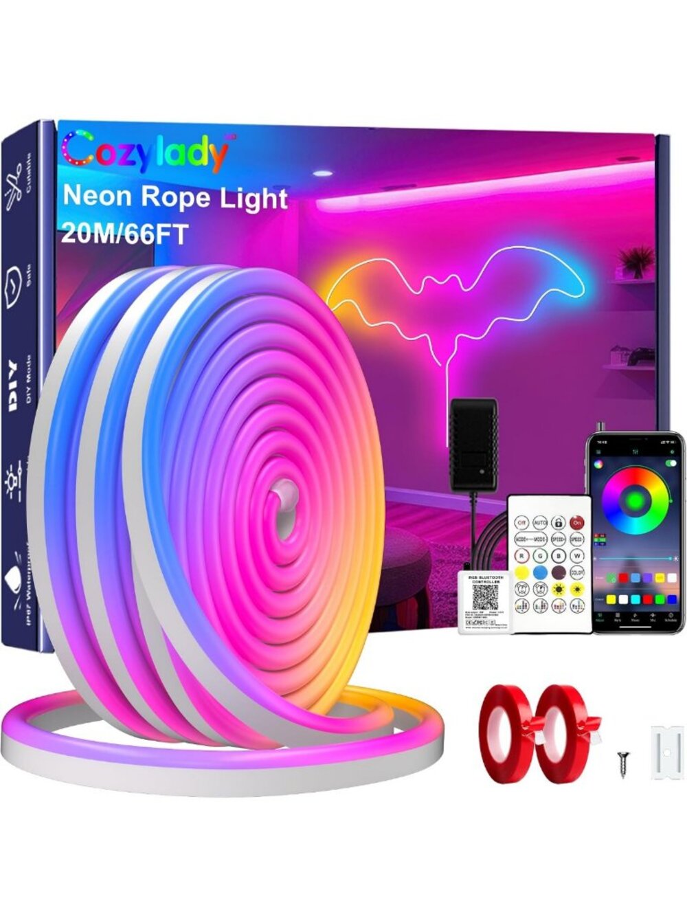 66Ft RGB LED Neon Rope Lights - App/Remote Control, Indoor/Outdoor Decor